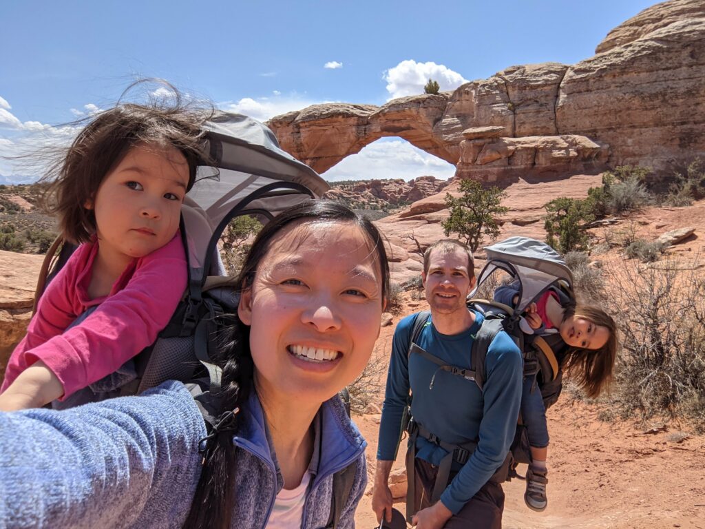 Ling Wang with her family hiking
